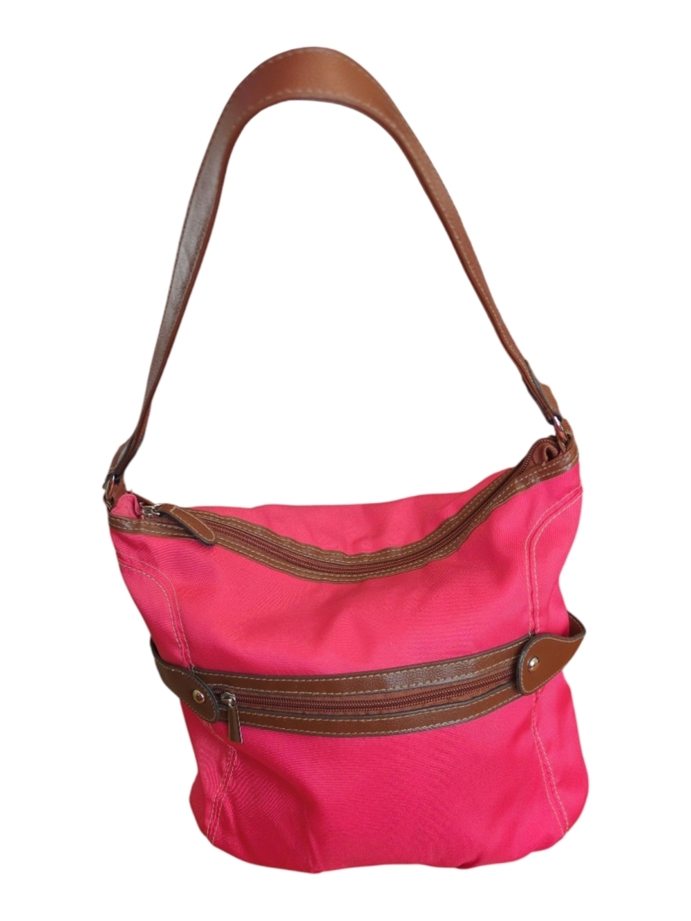 Stylish Pink Canvas Shoulder Bag with Brown Trim